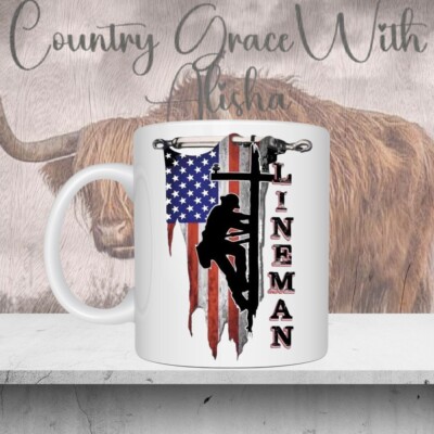 Coffee Mug 11oz Lineman USA Flag Ceramic Coffee Cup