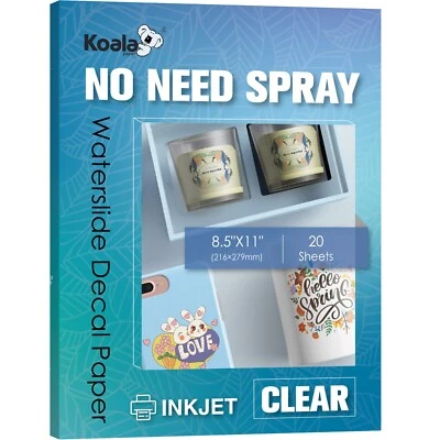 Koala NO NEED SPRAY CLEAR Waterslide Decal Paper for INKJET Printer 20 Pk 8.5x11 - Image 1 of 4