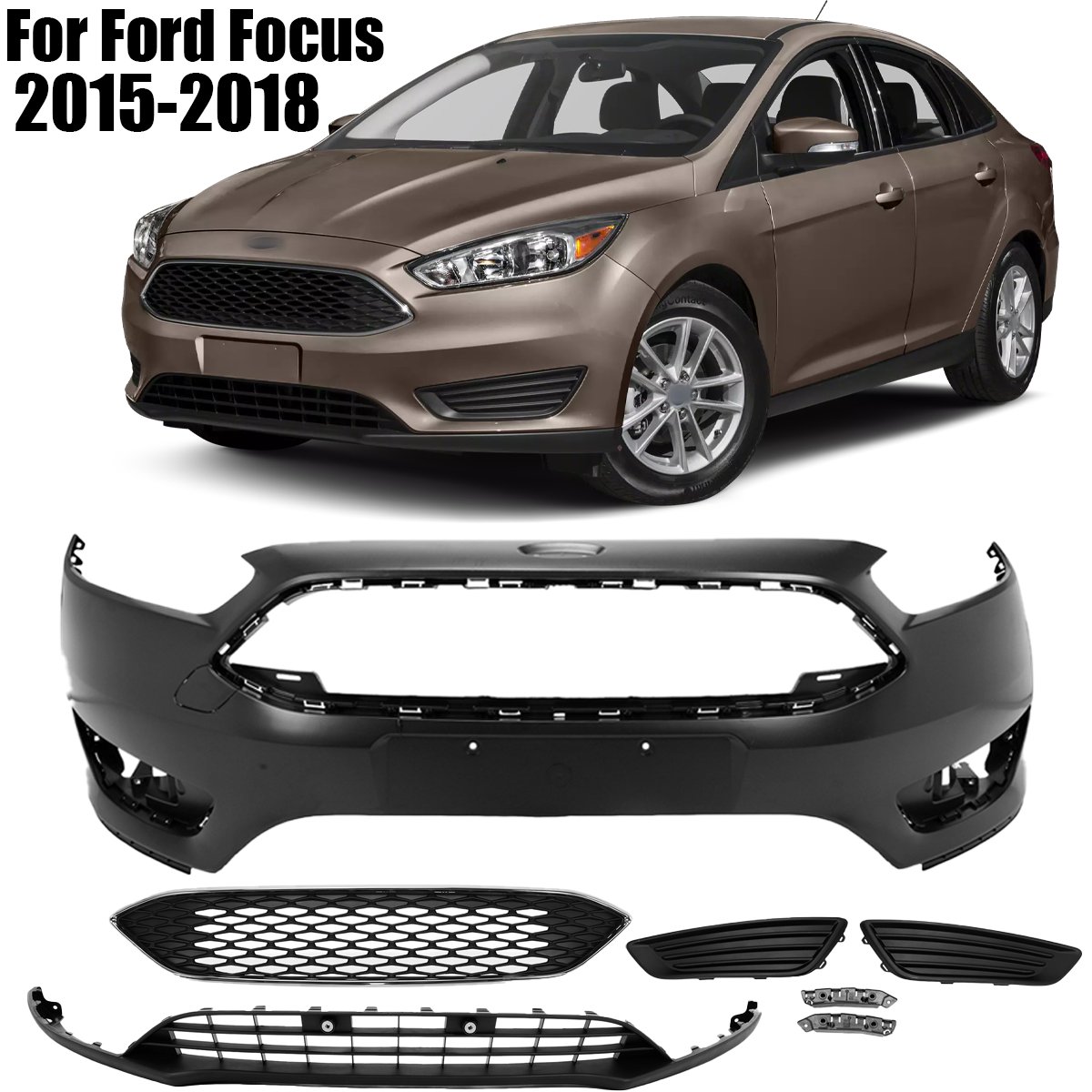 Front Bumper Cover With Fog Light Grille For 2015-2018 Ford Focus ST - Unpainted