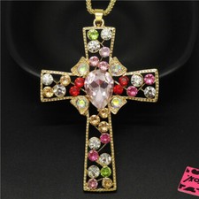New Fashion Women Lovely Color Bling Pink Cross Crystal Pendant Chain Necklace