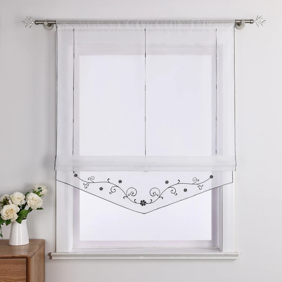 Raffrollo mit Tunnelzug Bestickt Raffgardinen Küche Fenstergardine Weiß Modern - Bild 2 von 4