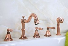 Bathroom 5 Holes Deck Mount Roman Tub Faucet Red Copper Bath Tub w/ Side Spray