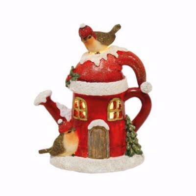 Rotkehlchen LED beleuchtete verschneite Gießkanne 16 cm hoch Weihnachten Tischdeko