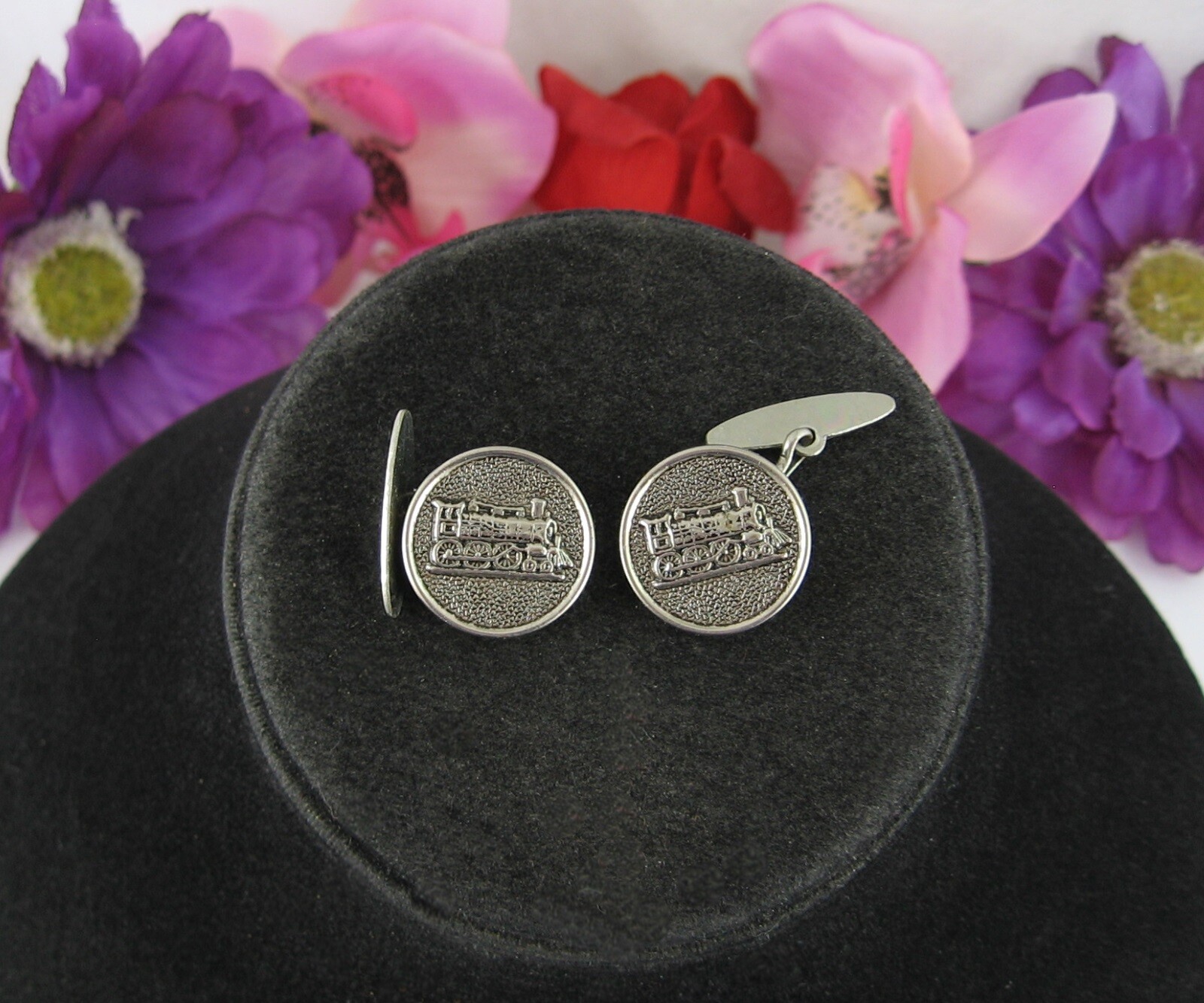 TRAIN ENGINE CUFFLINKS Vintage Button Style Silve… - image 4