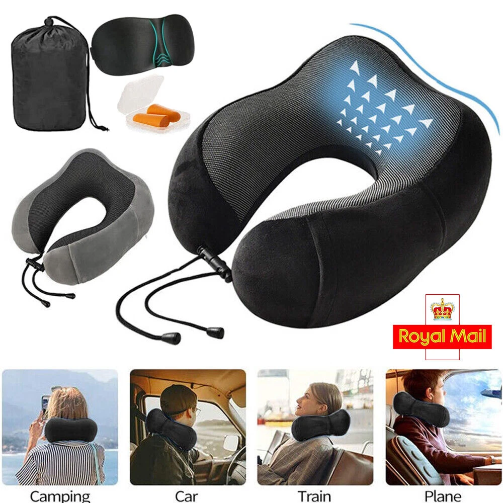 Memory Foam Travel Pillow Neck Support Cushion with Carry Bag Ear Plugs Mask