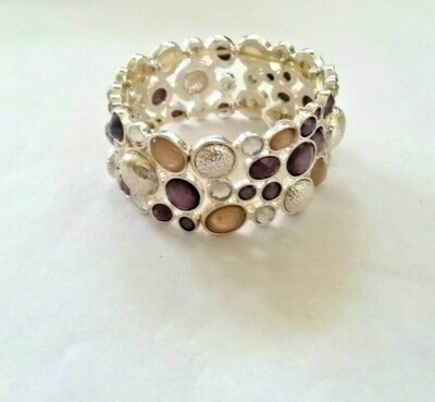 BR1986 DESIGNER INSPIRED SILVER TONE METAL GEMSTONE STRETCH BANGLE BRACELET 