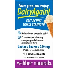 Webber Naturals Lactase Enzyme Extra Strength 9000 FCC Chewable Vanilla 60pc NEW