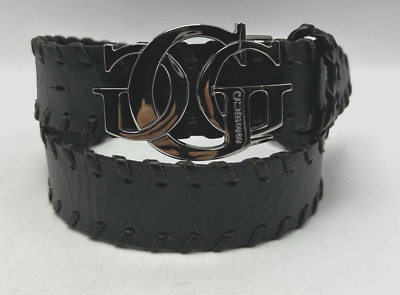 Vintage Guess Belt Womens L Metal G Spell Out Black Leather Stitch Braid Y2K 90