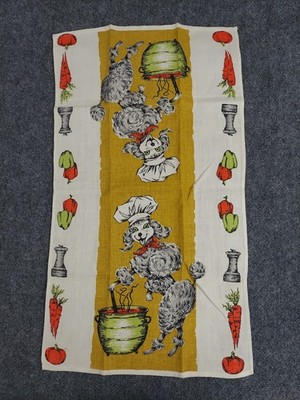 Vtg MCM Tea Towel Poodles Vegetables Unused Linen Rare Mod Retro Kitsch