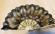 Vintage Decorative Folding Hand Fan With Hand Painted Flowers On Lace