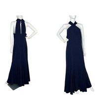 Tahari Maxi Gown Halter Navy Blue Shimmer Formal Dark Glam Fairy Size 16