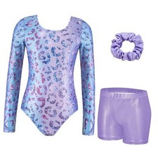 Gymnastics Leotards for Girls Long Sleeve Sparkly Dance 4-5T Purple Leopard
