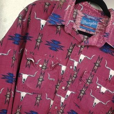Wrangler Western Shirt Pearl Snap Vintage 90s Bull Horn Cowboy Country XL Aztec