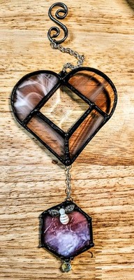 Stained glass Bee-Mine beveled heart suncatchers