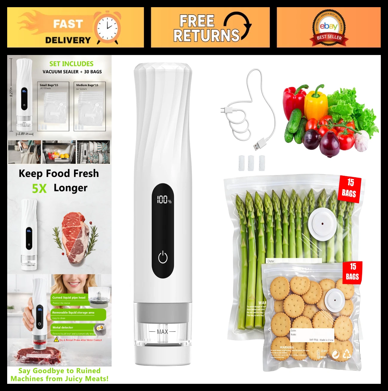 Portable Handheld Food Vacuum Sealer - 80kPa Suction, 1800mAh Battery, 30 Bags