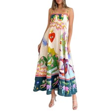 Boho Eclectic Graphic Whimsical Folk Art Midi Sundress Medium