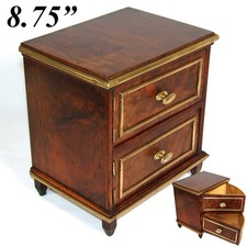 Antique French Burled Walnut & Brass Miniature Chest, Bru Doll Sized Jewelry Box