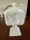 Westmoreland Milk Glass Beaded Grape Lidded Pedestal Wedding Box/ Candy Dish Vtg