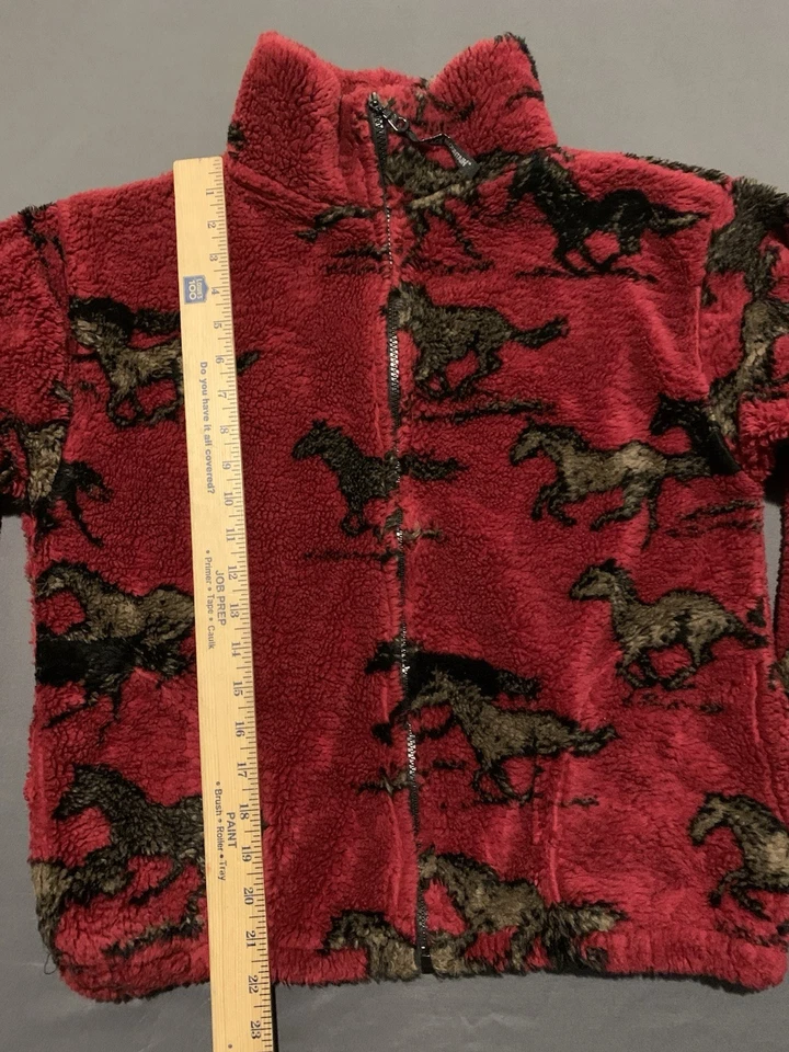 Vintage Black Mountain Fleece Jacket Kids XL 16 Red All Over Horse Full Zip 90s - Image 4 of 4