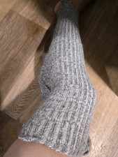 Handmade Goat Down Over-The-Knee Stirrup Leg Warmers Gray Ribbed Long Knit