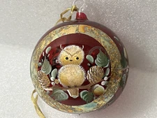 4 Woodland Owl Hand Blown Hand-Painted Ruby Glass Balls Finely Detailed  ~Signed
