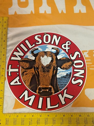 VINTAGE A. T. WILSON & SONS MILK DAIRY COW 11 3/4" PORCELAIN SIGN - ANDE ROONEY