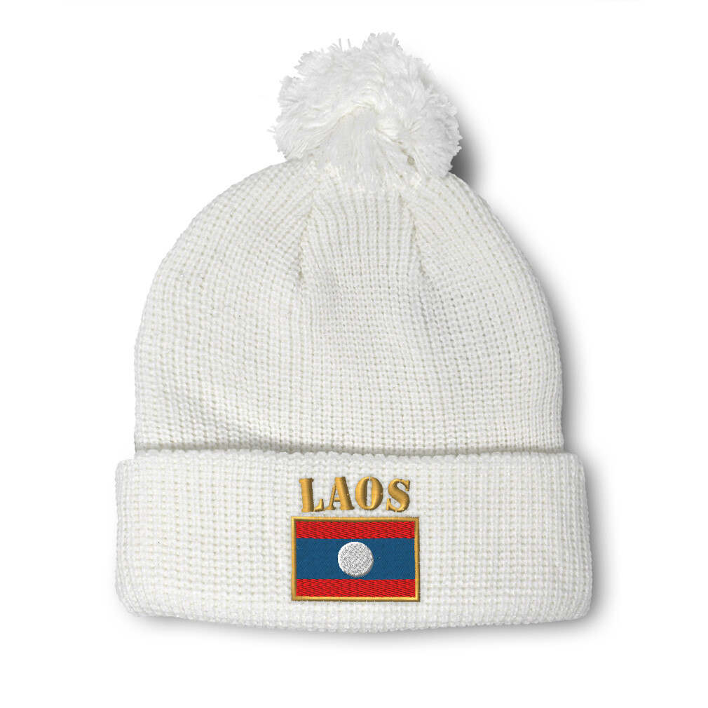 Laos Flag Embroidered Pom Pom Beanie for Women and Men Winter Skull Cap