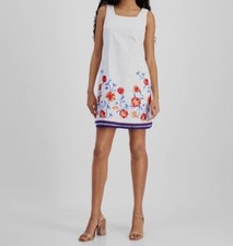 Tahari ASL Women's White Floral Embroidery Square Neck Sleeveless Dress Size 10