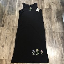 Vintage Teddi Floral Embroidered Black Sleeveless Maxi Dress Women's XL Crepe