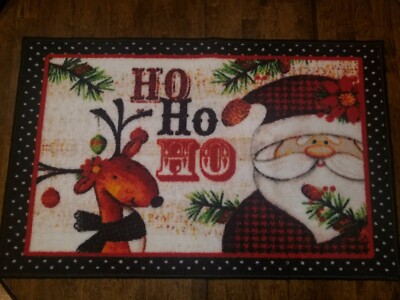 Santa & Reindeer Holiday Rug Floor Mat, 20'' X 30''  Non Slip Black & Red Ho Ho Ho