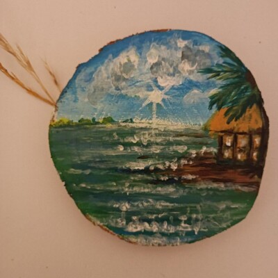 Original auf Baumstamm Natur Gemälde, Acrylbild Strandhütte Meer Deko