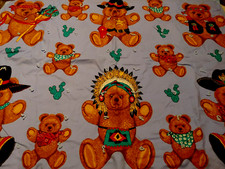 Vtg. Blue Teddy Bear Baby Blanket, Western Theme, 43x34