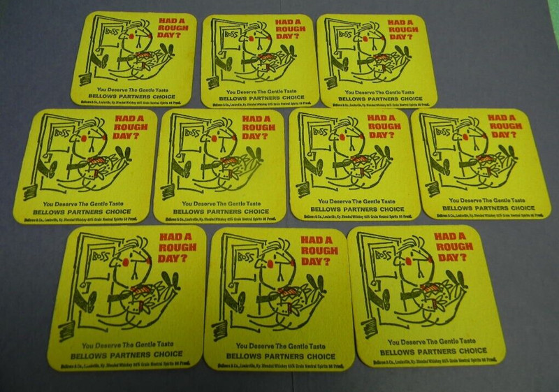 VINTAGE BELLOWS WHISKEY LOUISVILLE KENTUCKY HAD ROUGH DAY BARTENDER BAR COASTERS