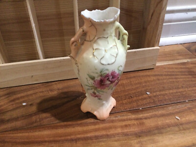 Antique Hand Painted Double Handle Vase CARNATION  Flower 6.5'' BURSLEM? BRITISH?