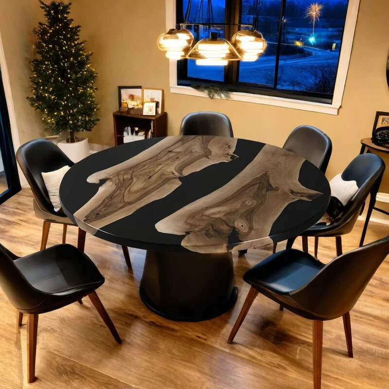 Resin River Coffee Table – Black Epoxy & Wood Table – Handmade round Furniture-image