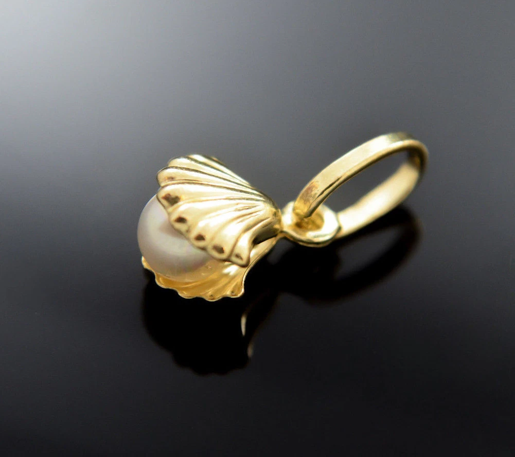 Small Clam Sea Shell With Pearl Pendant 14k Gold Charm & Chain Oyster Perla  Oro