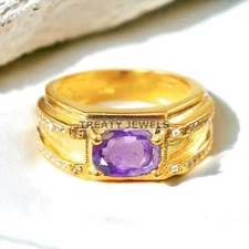Amethyst Oval Cut With 925 Sterling Silver Gold Plated Ring For Men's #A124 *