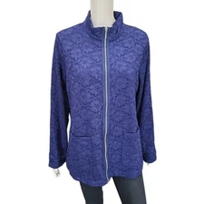 Denim Co Long Sleeves Lace Zip Front Fall Jacket Large Sz Blue Top w Pockets
