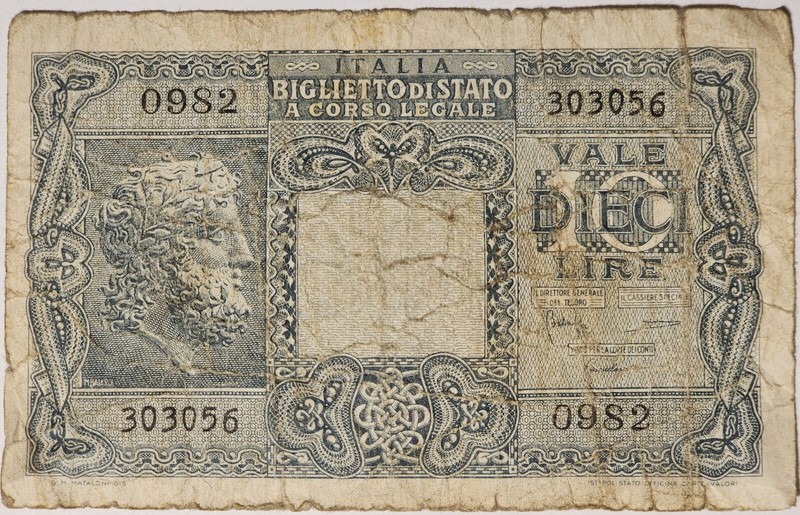 WWII Wartime Italy 1944 10 Lire Biglietto Di Stato (State Ticket) Series 0982