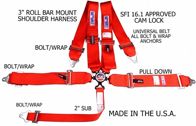RJS RACING SFI 16.1 UNIVERSAL 5 PT CAM LOCK RACING HARNESS BELT RED & BLACK HW