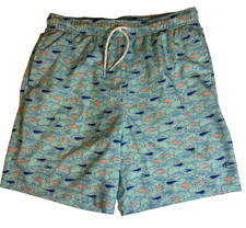 Caribbean Joe Men  s Swim Trunks Size 12 Fish Print Blue Green Drawstring Mesh