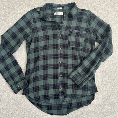 Hollister Flannel Shirt Womens XS Green Plaid Boyfriend Fit Button Up Soft Hi Lo