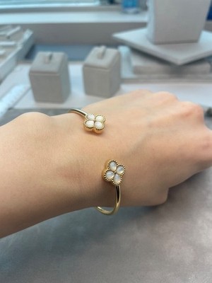 Leaf 925 Sterling Silver Created Mother of Pearl Cuff Bracelet 14k Gold Plated