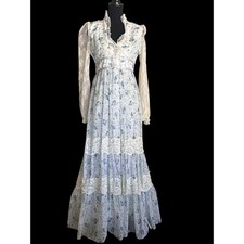 Vintage 70s Prairie Hippy Maxi Dress White Blue Floral Lace Cottagecore Women's