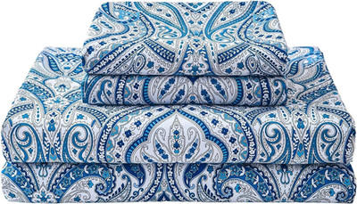 Blue Paisley Printed Queen Size Sheet Set, Blue Floral Sheets Queen, Cozy Microf