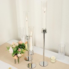 SILVER 3 Metal 16" 20" 24" Hurricane Taper CANDLE HOLDERS Clear Cylinder Glass
