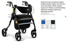 Medline Premium Empower Folding Mobility Rollator Walker with Memory Foam Seat