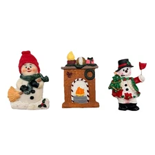 Vintage Christmas Refrigerator Magnets Snowman Sweeping Fireplace Poinsettia 3.5