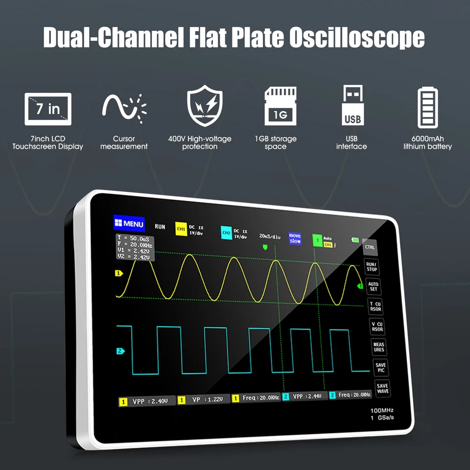 1GB Tablet-Oszilloskop 100MHz 1GSa/s 2-Kanal USB PC 7 Zoll TFT LCD Touchscreen - Bild 2 von 4