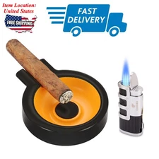 Metal Travel Cigar Ashtray Single Slot Holder Round Torch Cigar Lighter Punch